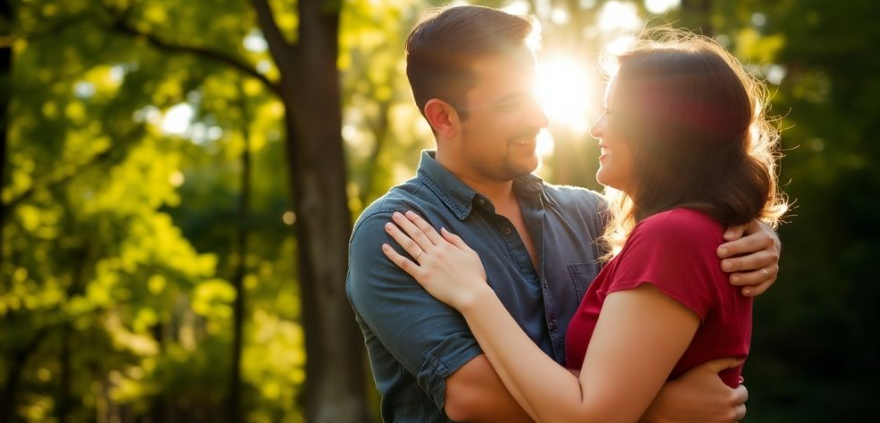 Couple embracing in nature, showcasing love and support.
